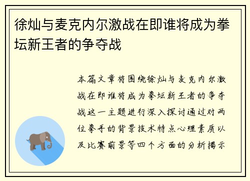 徐灿与麦克内尔激战在即谁将成为拳坛新王者的争夺战
