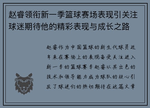 赵睿领衔新一季篮球赛场表现引关注球迷期待他的精彩表现与成长之路