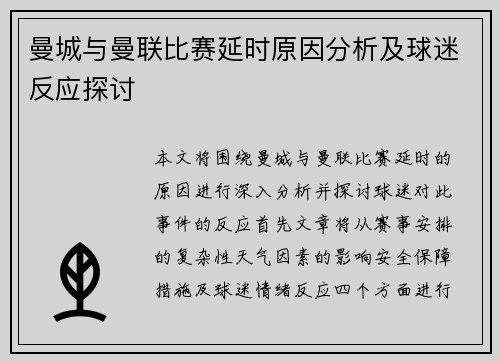 曼城与曼联比赛延时原因分析及球迷反应探讨