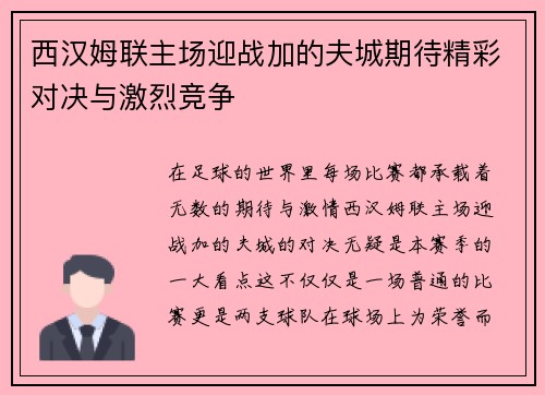 西汉姆联主场迎战加的夫城期待精彩对决与激烈竞争