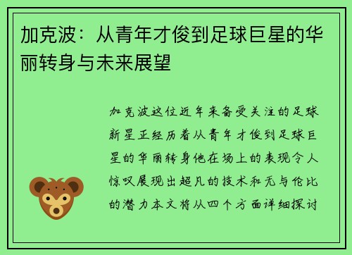 加克波：从青年才俊到足球巨星的华丽转身与未来展望