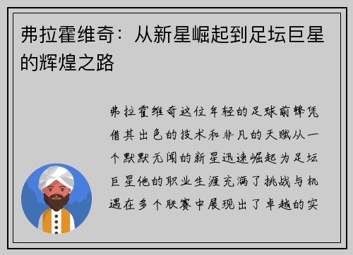 弗拉霍维奇：从新星崛起到足坛巨星的辉煌之路