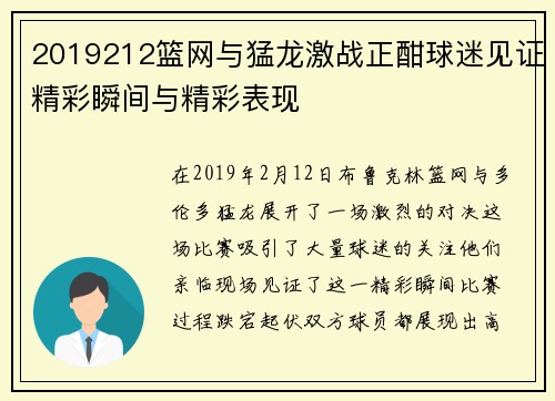 2019212篮网与猛龙激战正酣球迷见证精彩瞬间与精彩表现