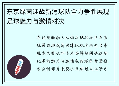 东京绿茵迎战新泻球队全力争胜展现足球魅力与激情对决