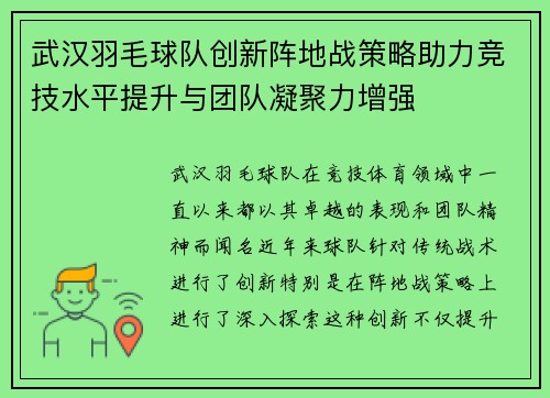武汉羽毛球队创新阵地战策略助力竞技水平提升与团队凝聚力增强