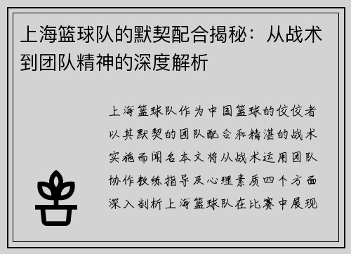 上海篮球队的默契配合揭秘：从战术到团队精神的深度解析