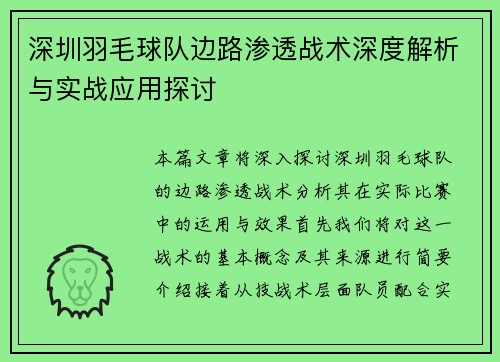 深圳羽毛球队边路渗透战术深度解析与实战应用探讨