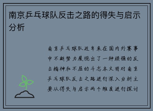 南京乒乓球队反击之路的得失与启示分析