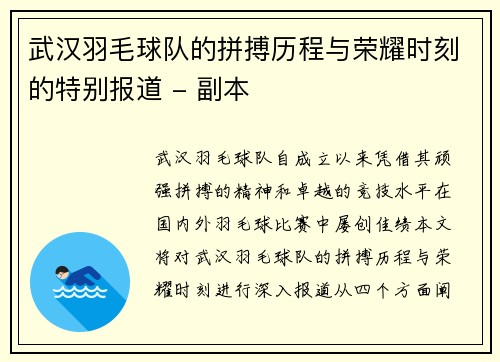 武汉羽毛球队的拼搏历程与荣耀时刻的特别报道 - 副本