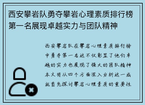 西安攀岩队勇夺攀岩心理素质排行榜第一名展现卓越实力与团队精神