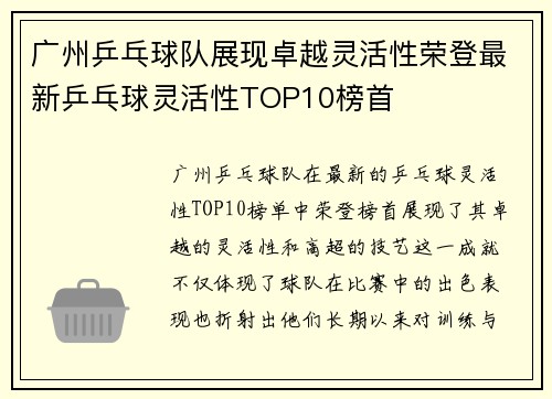 广州乒乓球队展现卓越灵活性荣登最新乒乓球灵活性TOP10榜首